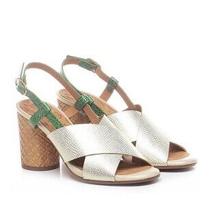 Chie Mahara Giles Sling Back Sandal Sz 39 Metallic Gold Leather Carved Wood Heel